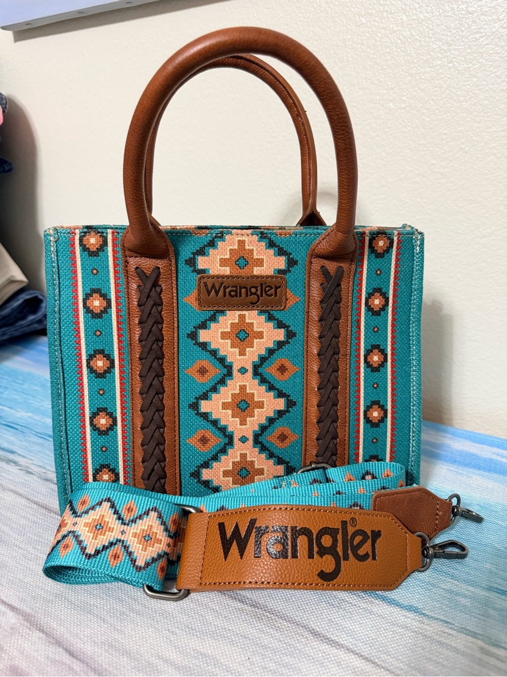 Wrangler Turquoise Geometric Tote with Brown Leather Handles